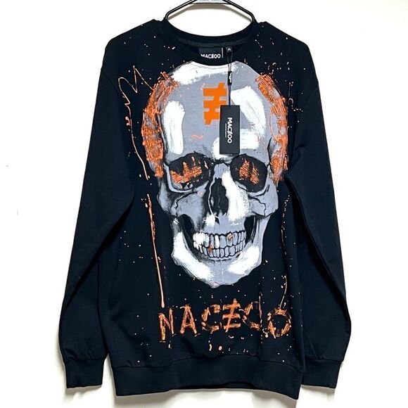NWT MACEOO Paris Black Mens Long Sleeve SKULLPINK Tee Sz L - Picture 3 of 10